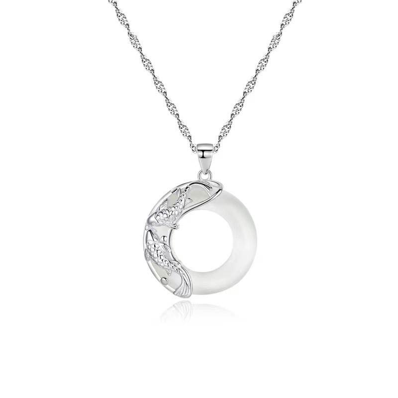 "Wishing Luck and Prosperity" White Jade Koi Fish Necklace Includes Gift Message Card