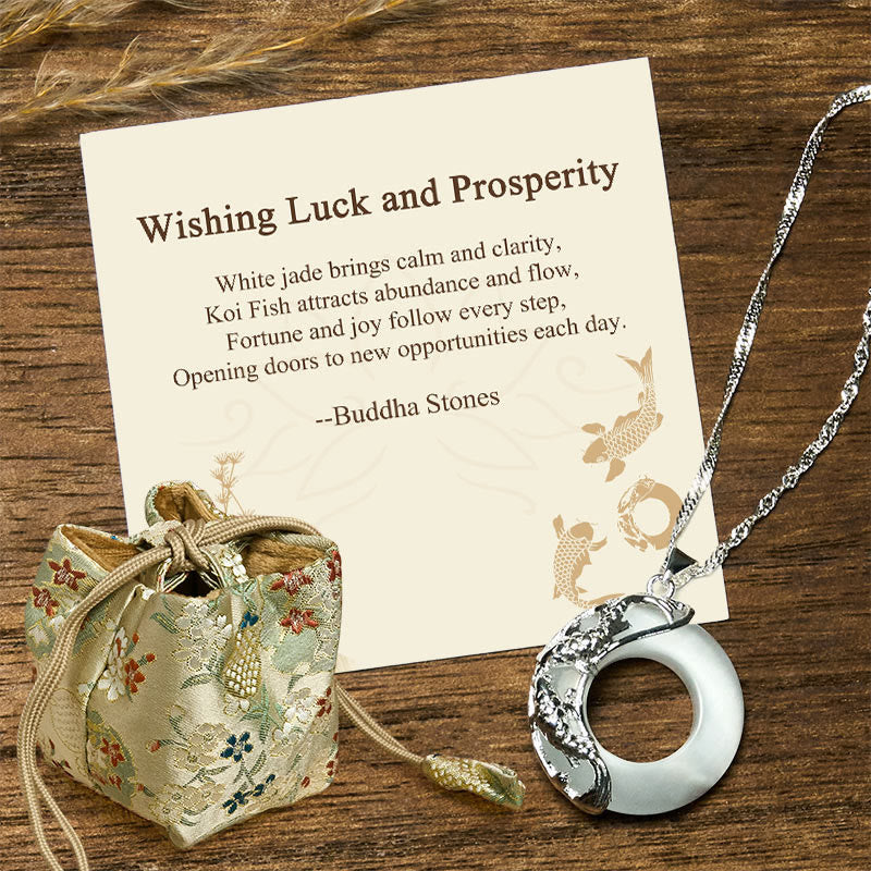 "Wishing Luck and Prosperity" White Jade Koi Fish Necklace Includes Gift Message Card