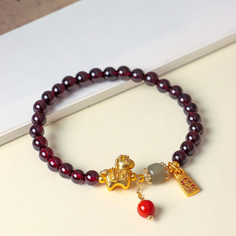 Year Of The Horse Garnet Fu Character Lucky Fortune Charm Protection Bracelet