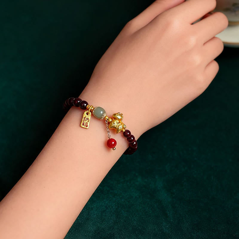 Year Of The Horse Garnet Fu Character Lucky Fortune Charm Protection Bracelet
