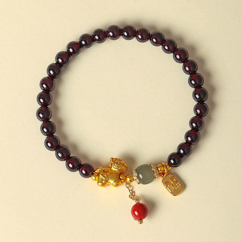 Year Of The Horse Garnet Fu Character Lucky Fortune Charm Protection Bracelet
