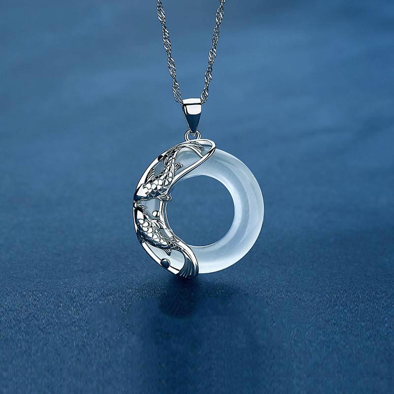 "Wishing Luck and Prosperity" White Jade Koi Fish Necklace Includes Gift Message Card