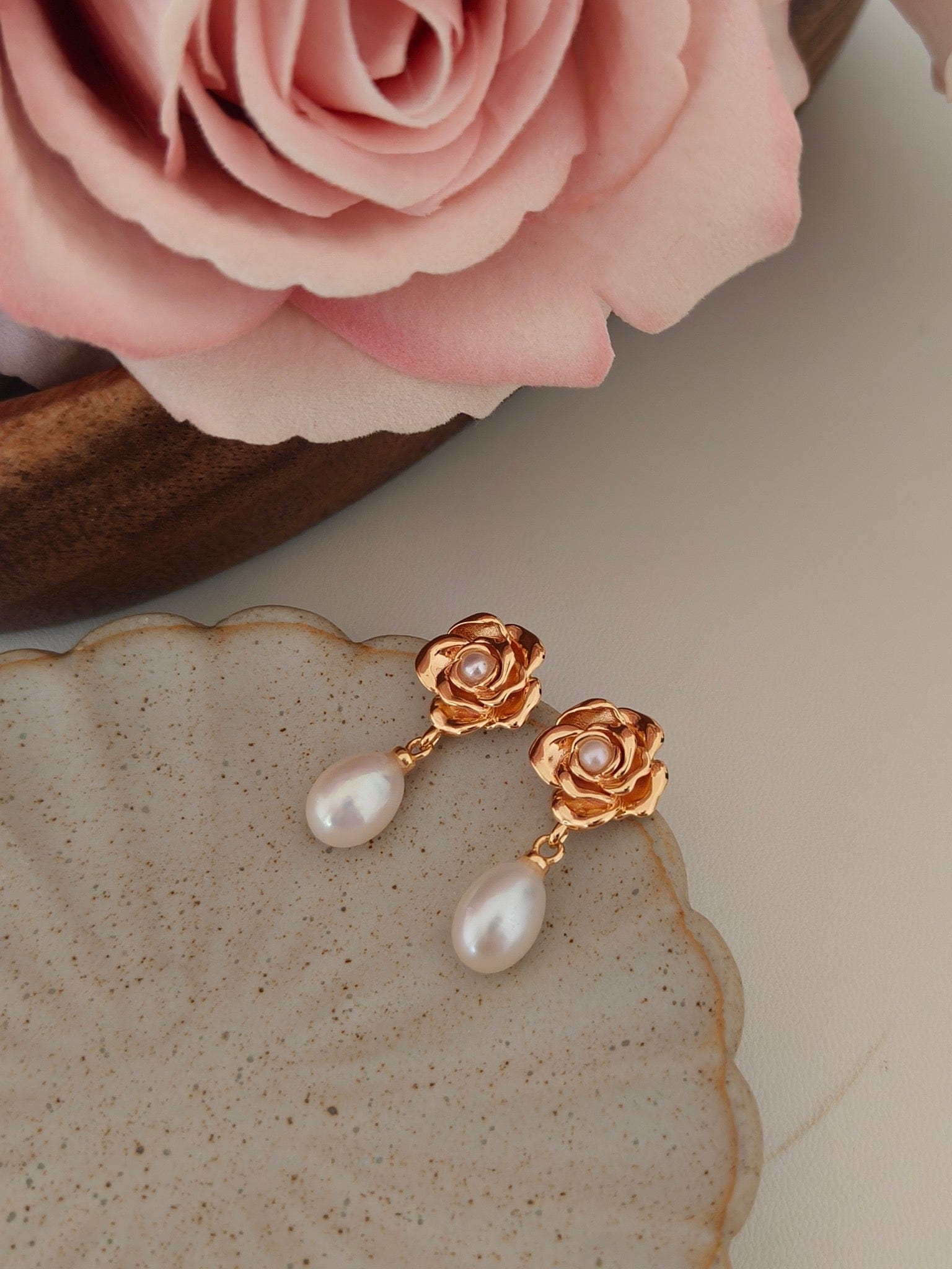 Retro Gold Rose Pearl Earrings | The Aethels